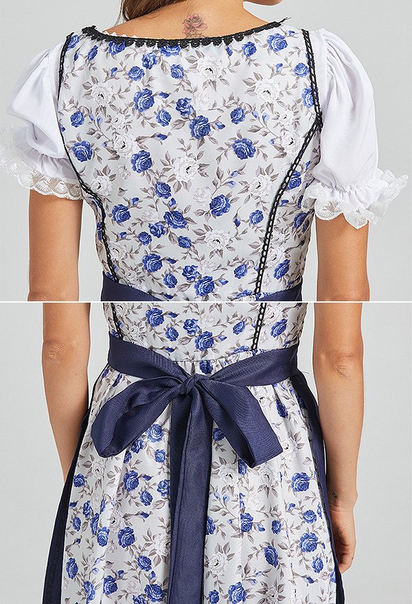 Oktoberfest Dress Blue White Floral Dress Maid Style Clubwear Party Dress with Apron