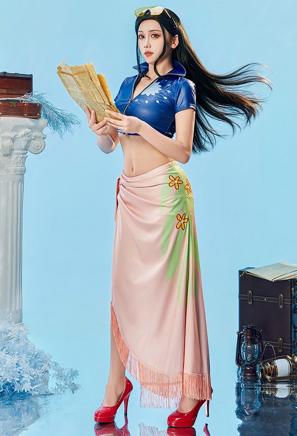 One Piece Nico Robin Costume de Cosplay El Corsé de Liguero y Falda Cruzada con Patrón Floral y Borla One Piece Nico Robin Costume de Cosplay El Corsé de Liguero y Falda Cruzada con Patrón Floral y Borla