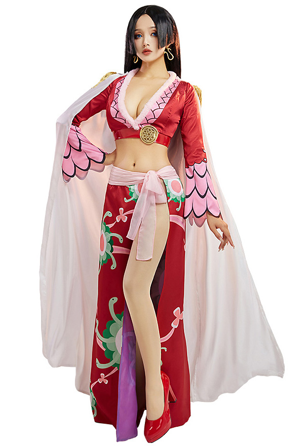 Una pieza de Boa Hancock Cosplay Costume Falda Superior Roja con Conjunto de Capa con Aretes