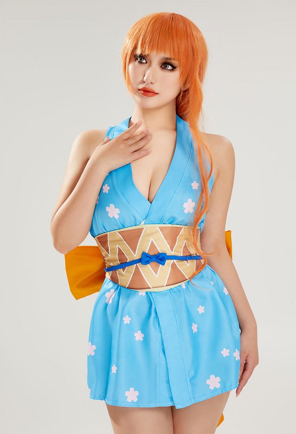 One Piece Nami Cosplay Costume Blue Kimon Vestido