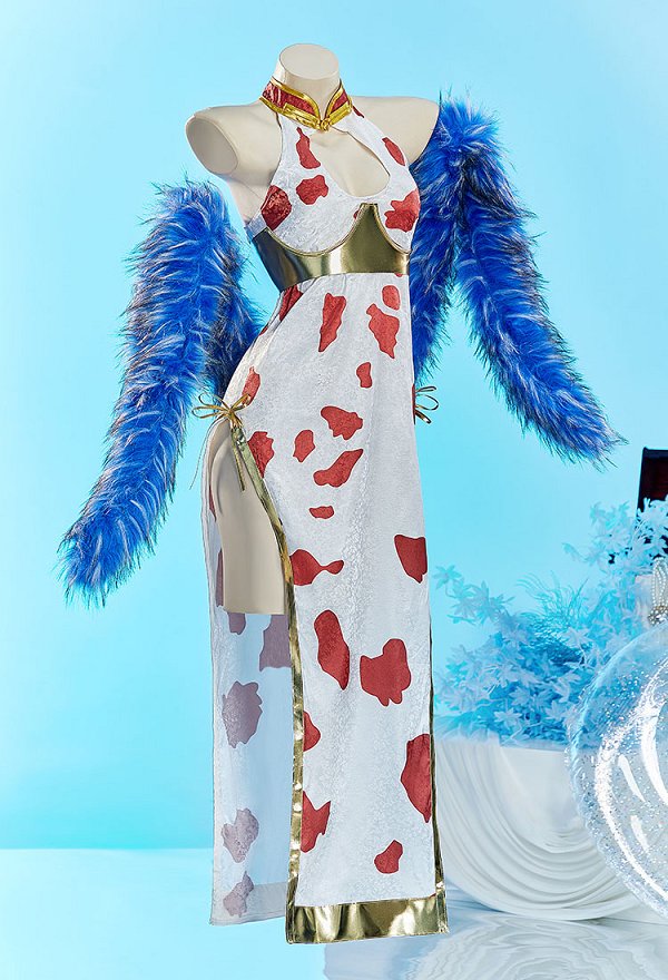 Disfraz de princesa serpiente OP para cosplay vestido cheongsam largo con cuello halter y chal de felpa.