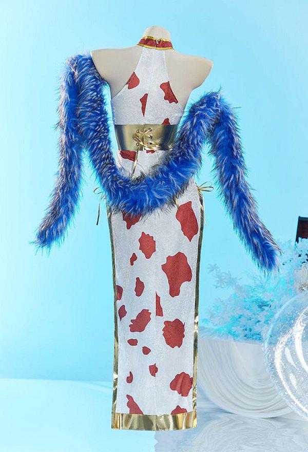 Disfraz de princesa serpiente OP para cosplay vestido cheongsam largo con cuello halter y chal de felpa.