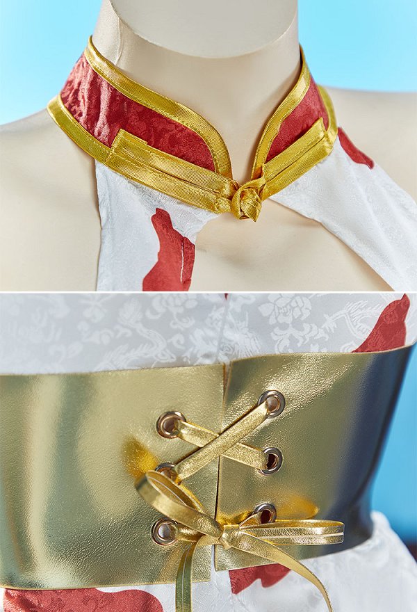 Disfraz de princesa serpiente OP para cosplay vestido cheongsam largo con cuello halter y chal de felpa.