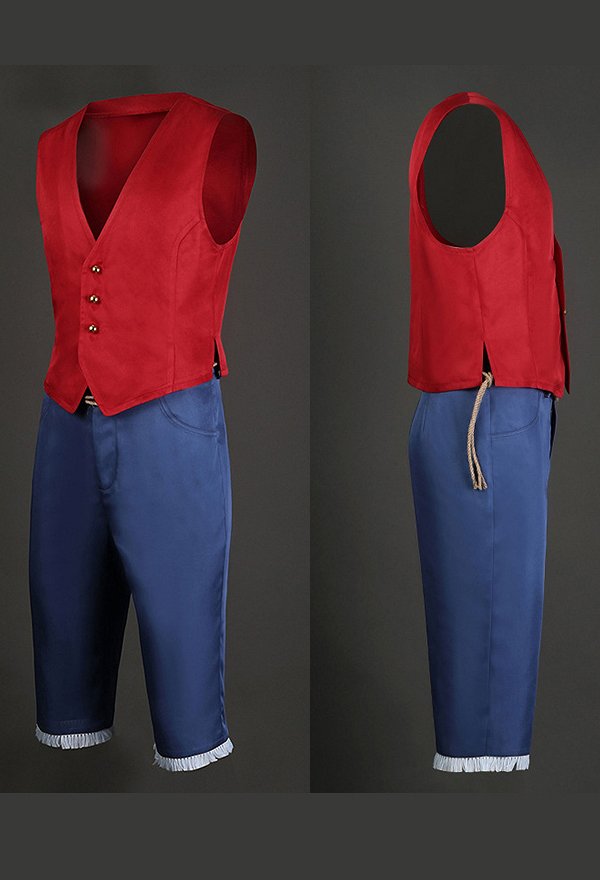 OP Luffy Cosplay Costume Gilet Rouge et Pantalon Bleu avec Chapeau de Paille