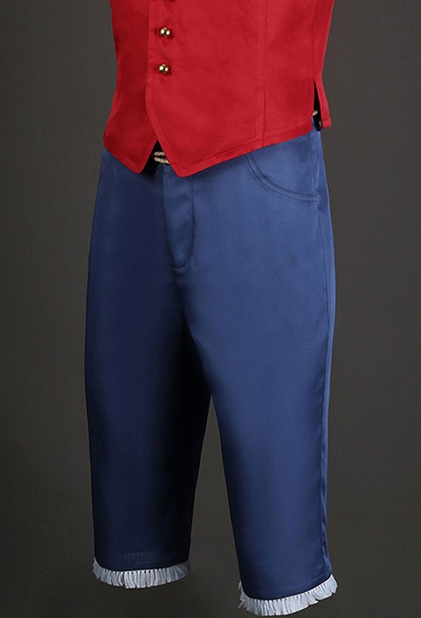OP Luffy Cosplay Costume Gilet Rouge et Pantalon Bleu avec Chapeau de Paille