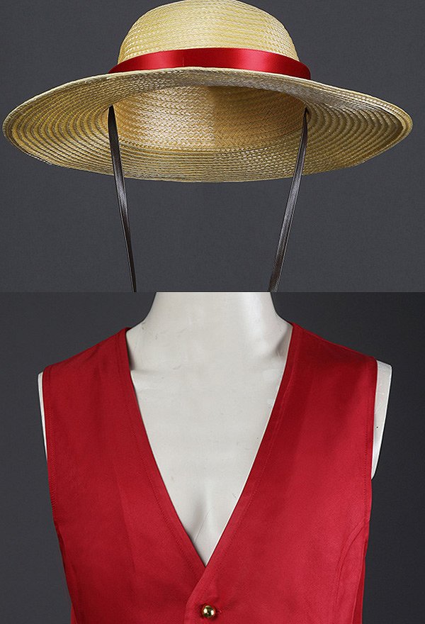 OP Luffy Cosplay Costume Gilet Rouge et Pantalon Bleu avec Chapeau de Paille