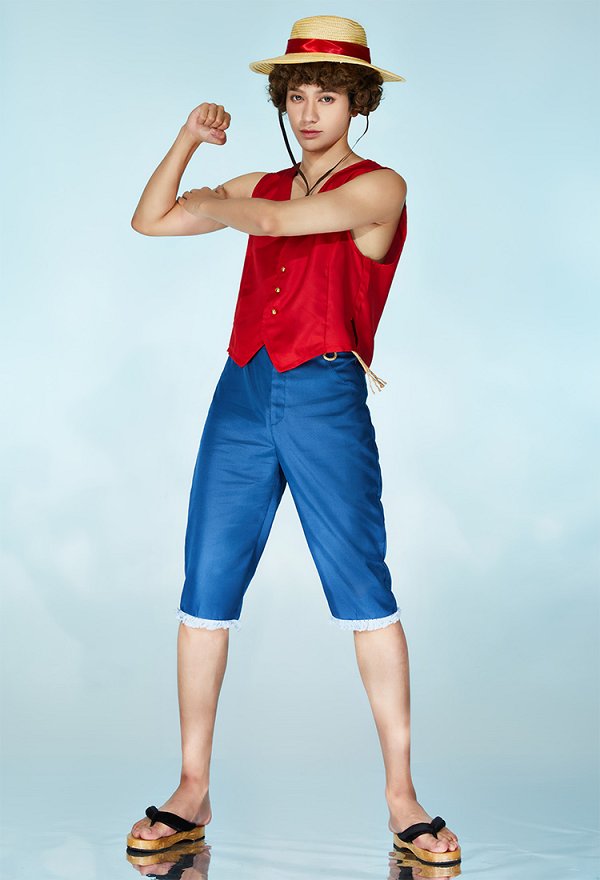 OP Luffy Cosplay Costume Gilet Rouge et Pantalon Bleu avec Chapeau de Paille