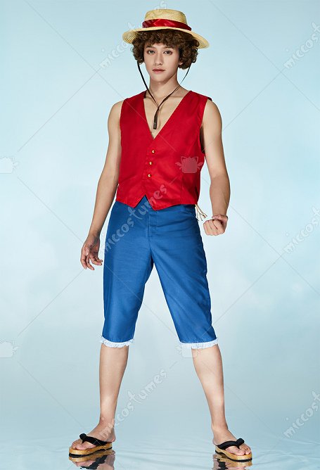 OP Luffy Disfraz de Cosplay Chaleco Rojo Pantalones Azules con Sombrero de Paja