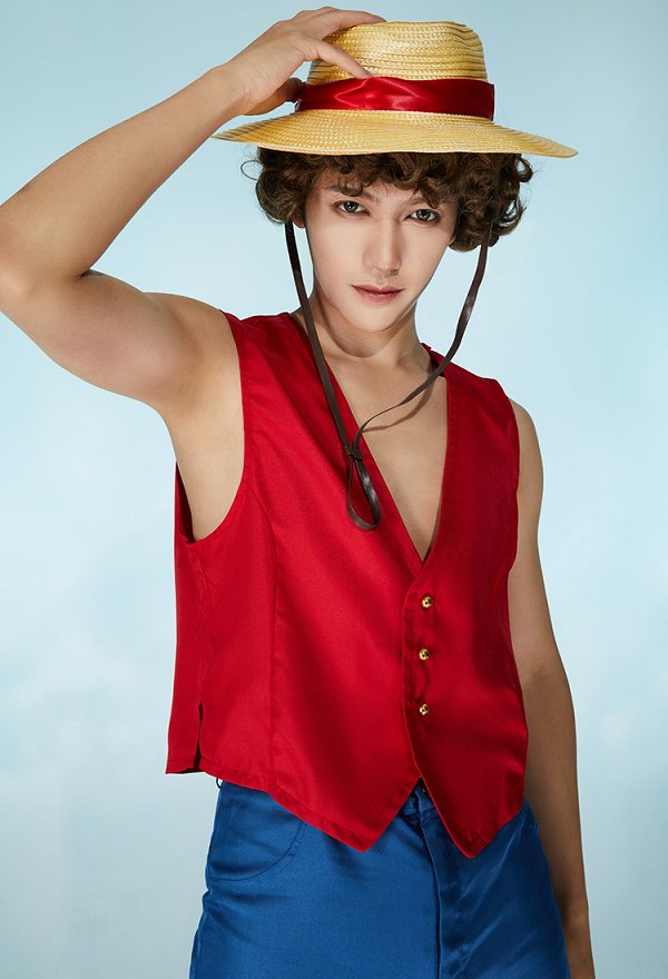 OP Luffy Cosplay Costume Gilet Rouge et Pantalon Bleu avec Chapeau de Paille