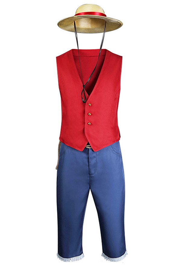 OP Luffy Cosplay Costume Gilet Rouge et Pantalon Bleu avec Chapeau de Paille