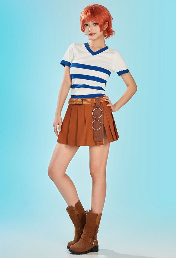 OP Nami Disfraz de Cosplay Camiseta de Manga Corta con Escote en V a Rayas y Falda con Cinturón OP Nami Disfraz de Cosplay Camiseta de Manga Corta con Escote en V a Rayas y Falda con Cinturón