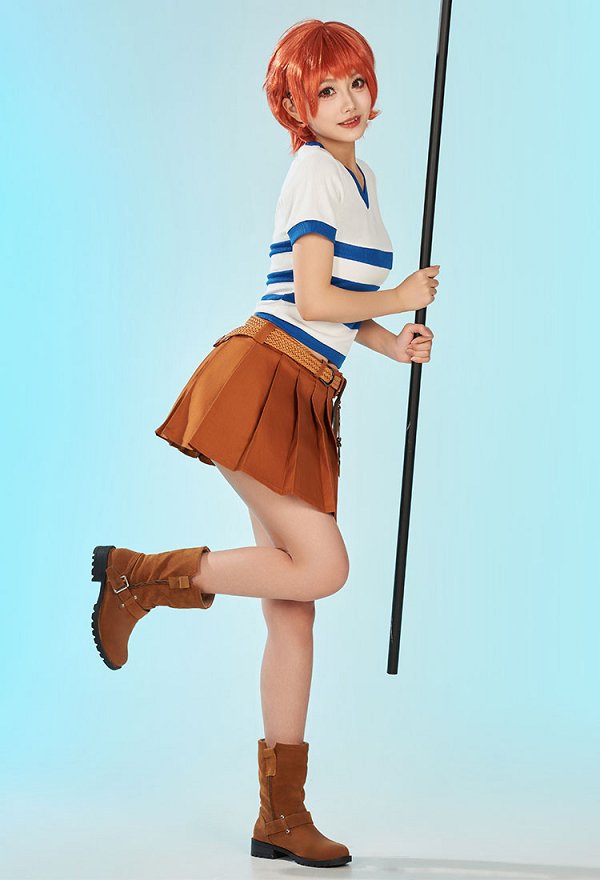 OP Nami Disfraz de Cosplay Camiseta de Manga Corta con Escote en V a Rayas y Falda con Cinturón OP Nami Disfraz de Cosplay Camiseta de Manga Corta con Escote en V a Rayas y Falda con Cinturón
