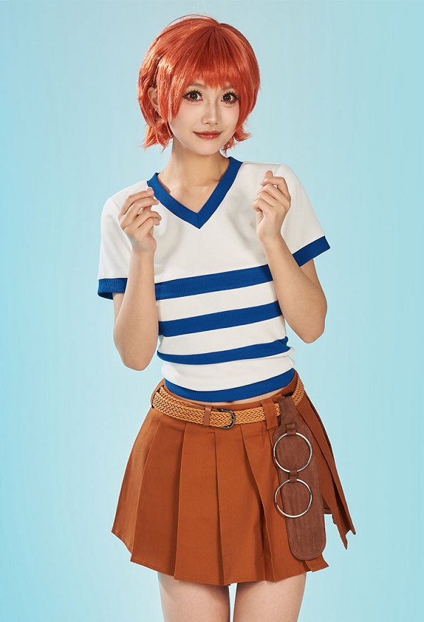 OP Nami Disfraz de Cosplay Camiseta de Manga Corta con Escote en V a Rayas y Falda con Cinturón OP Nami Disfraz de Cosplay Camiseta de Manga Corta con Escote en V a Rayas y Falda con Cinturón