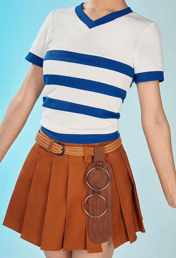 OP Nami Disfraz de Cosplay Camiseta de Manga Corta con Escote en V a Rayas y Falda con Cinturón OP Nami Disfraz de Cosplay Camiseta de Manga Corta con Escote en V a Rayas y Falda con Cinturón