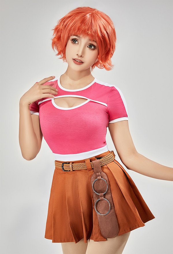 Nami Cosplay Kostüm rosa durchbrochenes T-Shirt mit kurzen Ärmeln