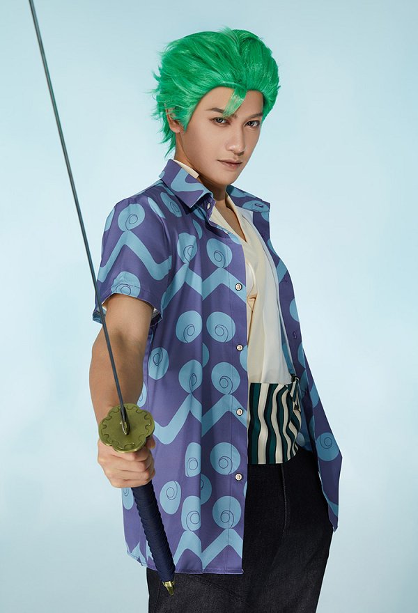 OP Zoro Disfraz de Cosplay Conjunto de Blusa de Manga Corta Azul con Estampado y Pañuelo Para la Cabeza