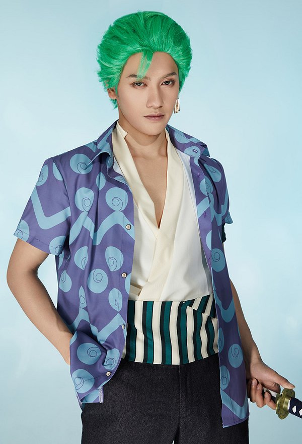OP Zoro Disfraz de Cosplay Conjunto de Blusa de Manga Corta Azul con Estampado y Pañuelo Para la Cabeza