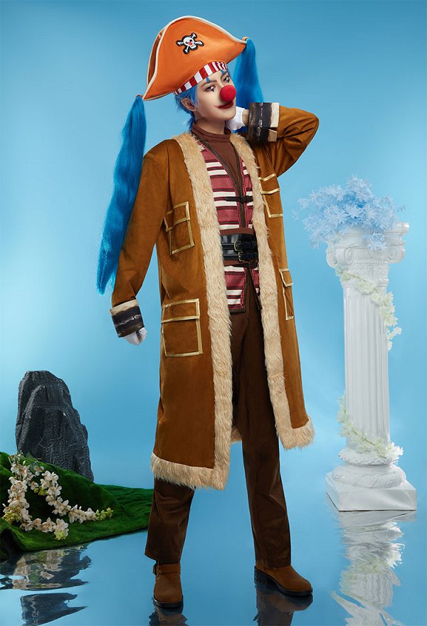 OP Buggy Cosplay Kostüm Langer Mantel Weste mit Hose Handschuhen