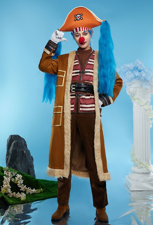 OP Buggy Cosplay Kostüm Langer Mantel Weste mit Hose Handschuhen