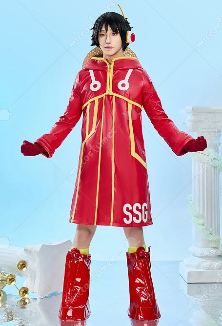 OP Egghead Arc Luffy Cosplay Disfraz Abrigo Largo Rojo con Capucha y Guantes con Calcetines y Gorro