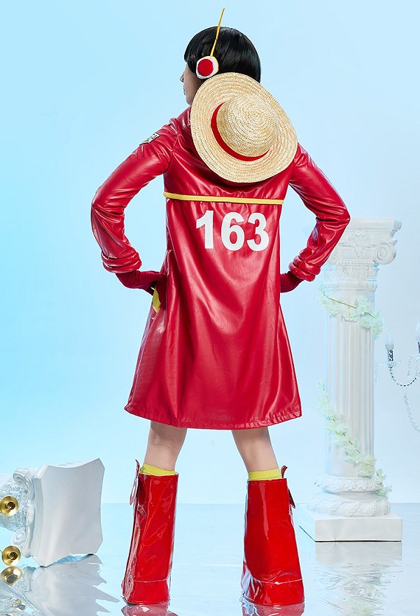OP Egghead Arc Luffy Cosplay Disfraz Abrigo Largo Rojo con Capucha y Guantes con Calcetines y Gorro