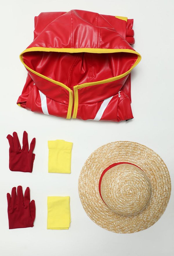 OP Egghead Arc Luffy Cosplay Disfraz Abrigo Largo Rojo con Capucha y Guantes con Calcetines y Gorro