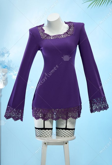 OP Robin Cosplay Costume Vestido de Encaje Cuello Cuadrado Morado con Medias de Red