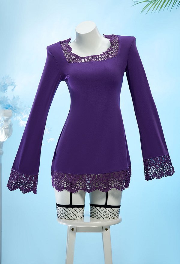 OP Robin Cosplay Costume Vestido de Encaje Cuello Cuadrado Morado con Medias de Red