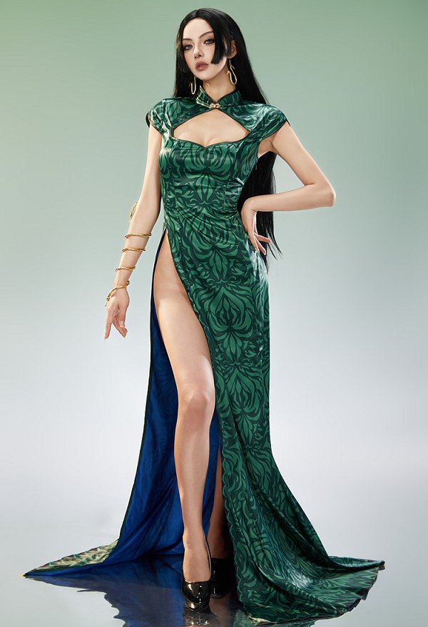 OP Boa Hancock Cosplay Costume Green Cheongsam with Earrings and Bracelet