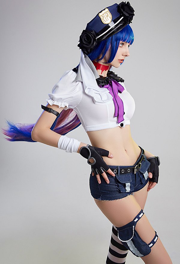 Panty & Stocking with Garterbelt Stocking Police Officer Cosplay Costume Top and Shorts Set with Complete Accessories
