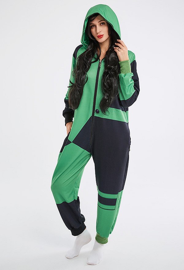 Halloween Women Shego Green and Black Contrast Hooded Onesie Pajamas Loungewear Adult Onesie Homewear Kigurumi Costume Outfit