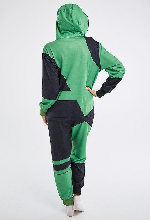 Halloween Women Shego Green and Black Contrast Hooded Onesie Pajamas Loungewear Adult Onesie Homewear Kigurumi Costume Outfit