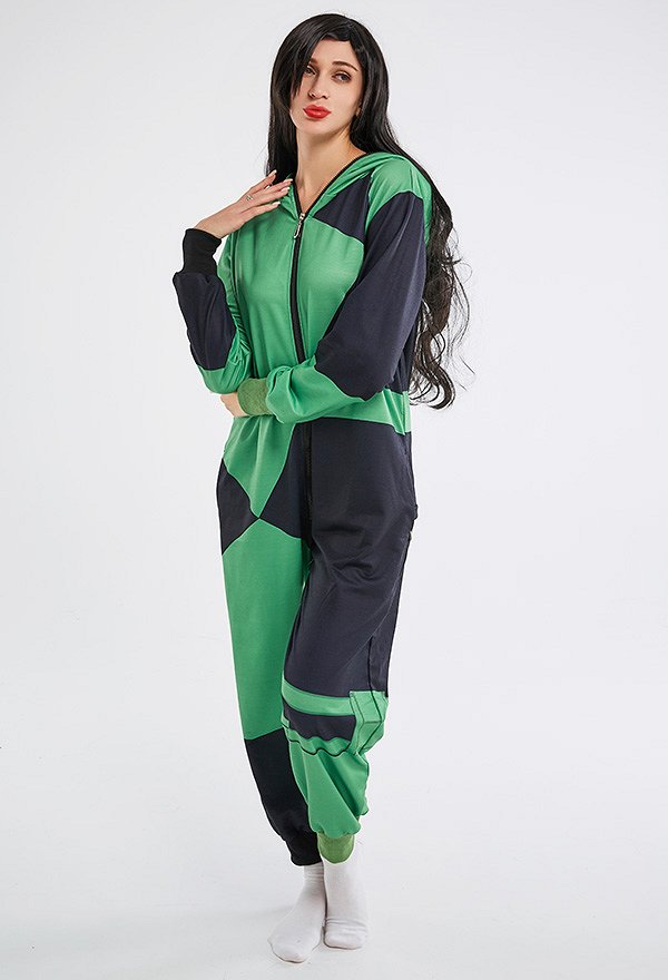Halloween Women Shego Green and Black Contrast Hooded Onesie Pajamas Loungewear Adult Onesie Homewear Kigurumi Costume Outfit