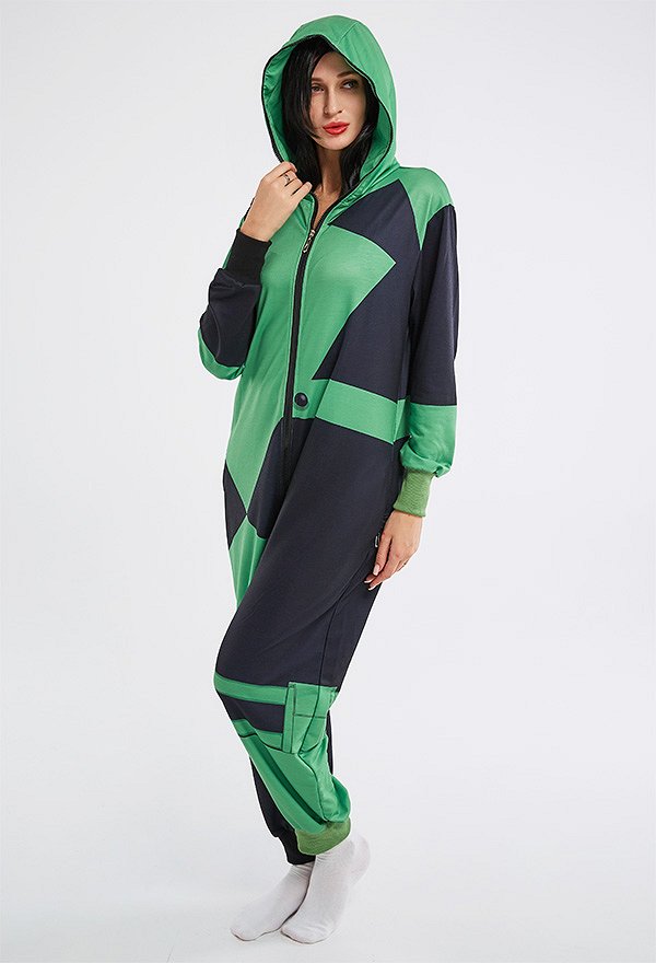 Halloween Women Shego Green and Black Contrast Hooded Onesie Pajamas Loungewear Adult Onesie Homewear Kigurumi Costume Outfit