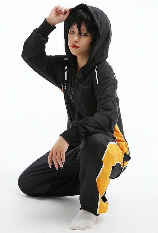 Women Karasu High School Pattern Print Hooded Onesie Pajamas Loungewear Adults Onesie Homewear Kigurumi Costume Outfits