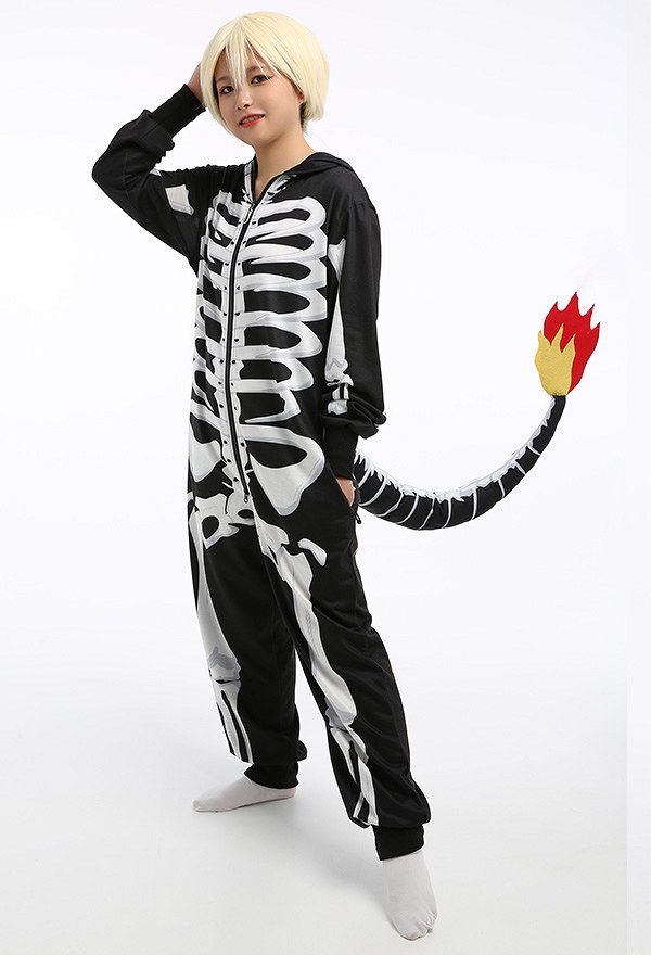 Halloween Women Skull Skeleton Flame Dragon Pattern Print Hooded Onesie Pajamas Loungewear Adults Onesie Homewear Kigurumi Costume Outfits