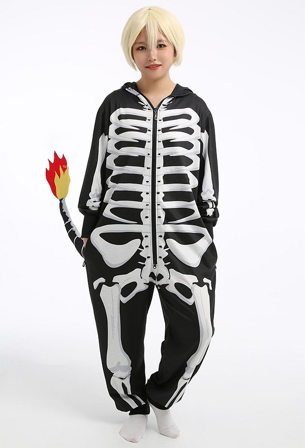 Halloween Women Skull Skeleton Flame Dragon Pattern Print Hooded Onesie Pajamas Loungewear Adults Onesie Homewear Kigurumi Costume Outfits