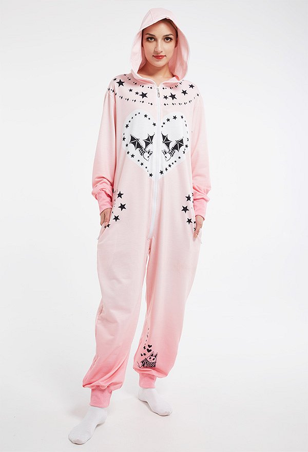 Halloween Dark Style Onesie Pajamas Cartoon Bat Pattern Long Sleeved Hooded Adults Onesie Kigurumi Costume Outfit