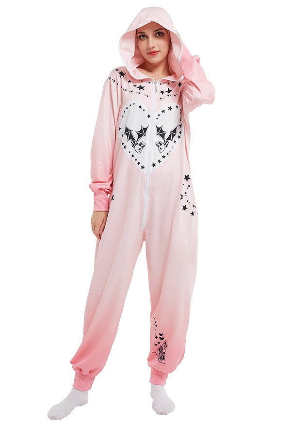 Halloween Dark Style Onesie Pajamas Cartoon Bat Pattern Long Sleeved Hooded Adults Onesie Kigurumi Costume Outfit