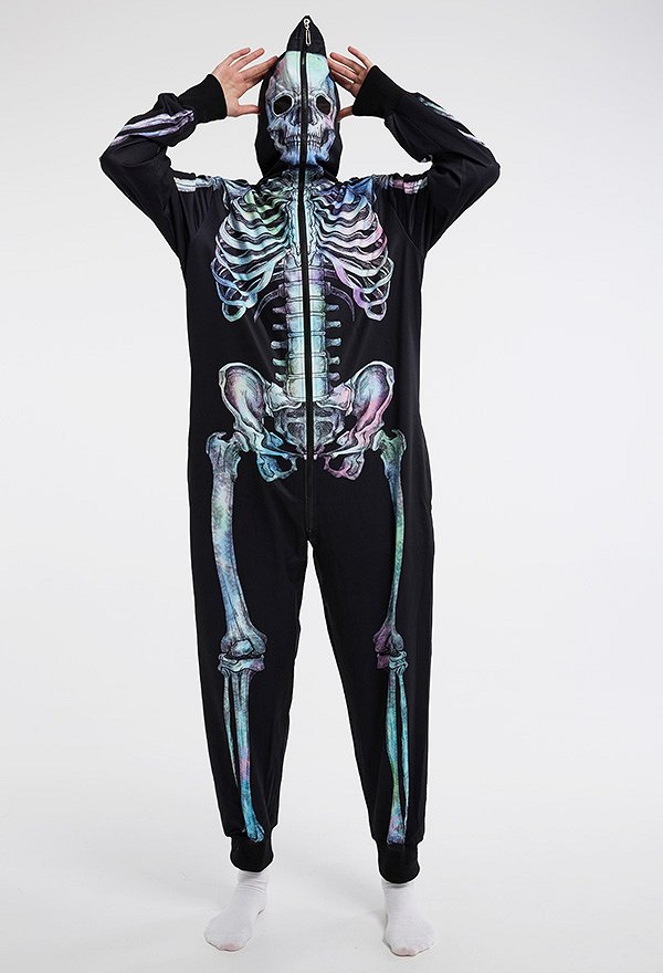 Halloween Women Colorful Human Skeleton Homewear Onesie Pajama Adult Kigurumi Hooded Loungewear Costume Outfits