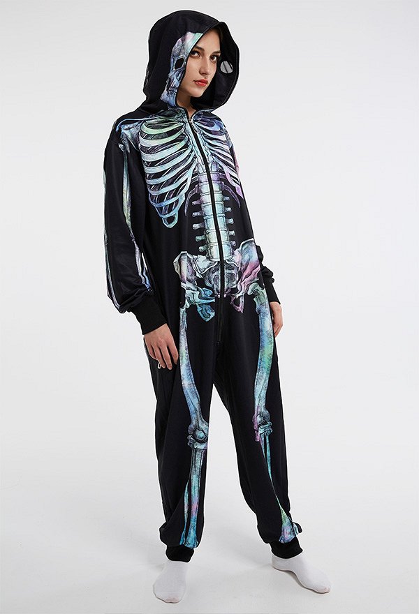 Halloween Women Colorful Human Skeleton Homewear Onesie Pajama Adult Kigurumi Hooded Loungewear Costume Outfits