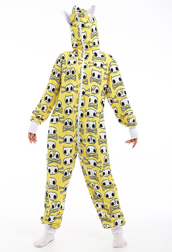 Halloween Women Cartoon Human Skull Decorated Pajama Kigurumi Outfits Onesie One Piece Cat Ear Cosplay Costume Sleepwear