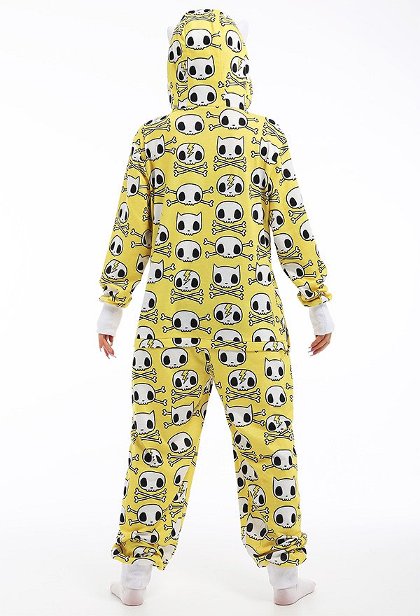 Halloween Women Cartoon Human Skull Decorated Pajama Kigurumi Outfits Onesie One Piece Cat Ear Cosplay Costume Sleepwear