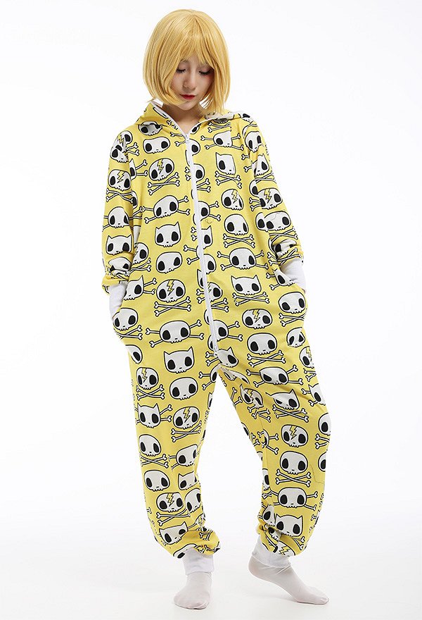 Halloween Women Cartoon Human Skull Decorated Pajama Kigurumi Outfits Onesie One Piece Cat Ear Cosplay Costume Sleepwear
