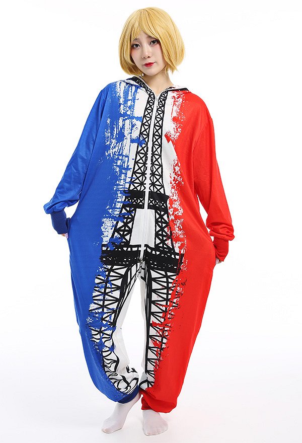 Mujer Francia Patrón de Bandera Nacional de Pijama de Adulto Mameluco de Manga Larga con Capucha Kigurumi Disfraz de Cosplay