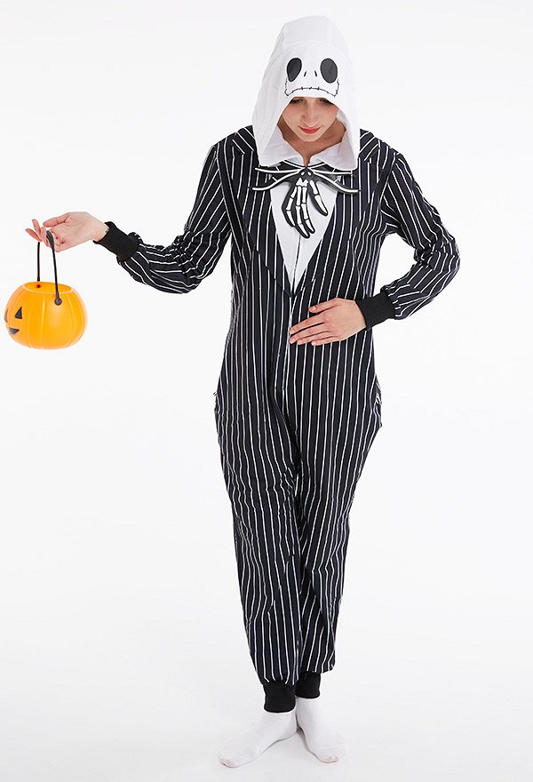 Halloween Women Stripe Homewear Onesie Pajama Adult Kigurumi Hooded Loungewear Costume Outfits