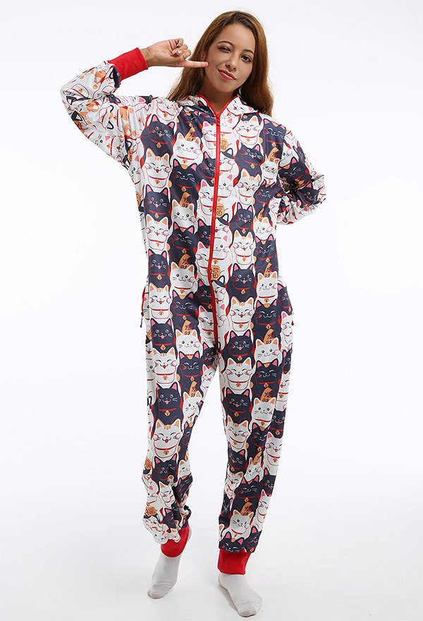 Halloween Women Cat Pattern Print Hooded Onesie Pajamas Loungewear Adult Onesie Homewear Kigurumi Costume Outfits