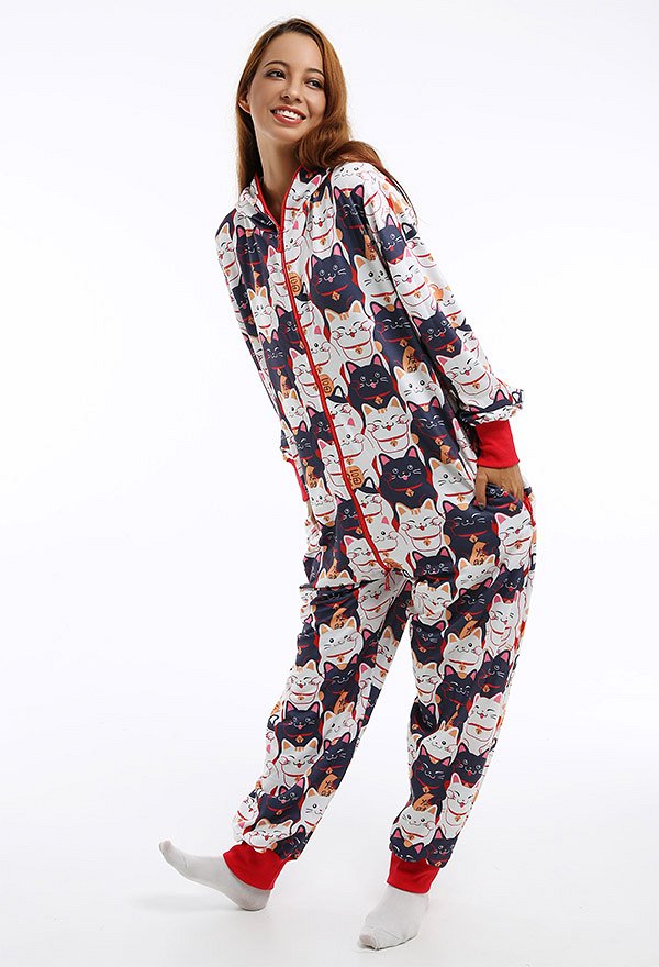 Halloween Women Cat Pattern Print Hooded Onesie Pajamas Loungewear Adult Onesie Homewear Kigurumi Costume Outfits