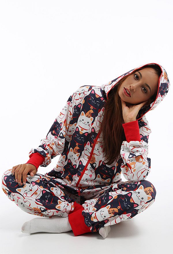 Halloween Women Cat Pattern Print Hooded Onesie Pajamas Loungewear Adult Onesie Homewear Kigurumi Costume Outfits