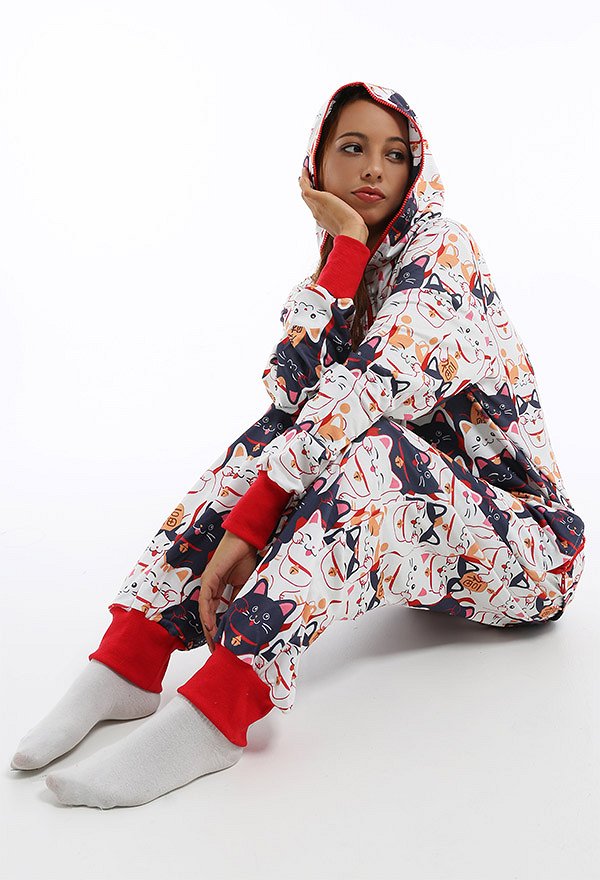 Halloween Women Cat Pattern Print Hooded Onesie Pajamas Loungewear Adult Onesie Homewear Kigurumi Costume Outfits